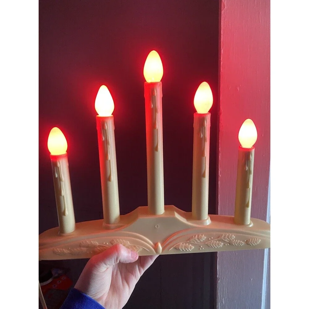 Vintage Christmas Window Tiered Candle 5 Stick Candelabra Dripping Wax Electric
